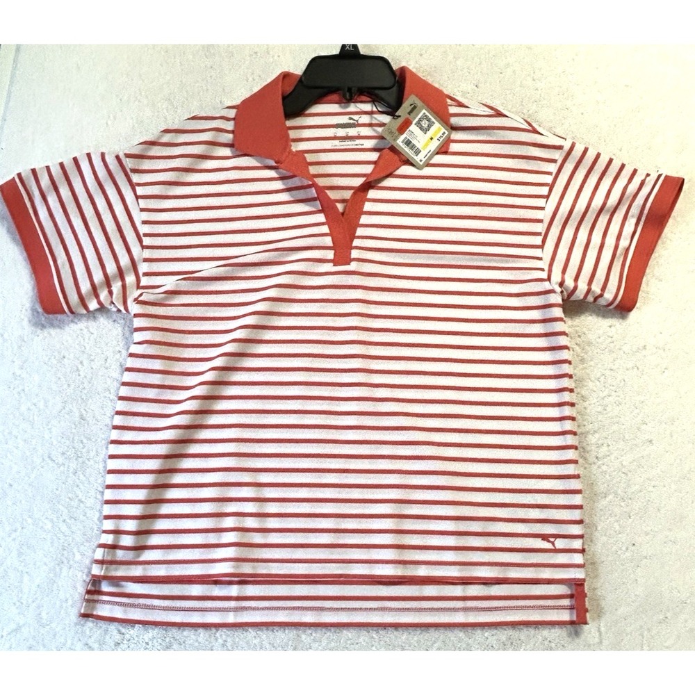Puma Women's Everyday Striped White Glow/Salmon Pique Polo Shirt Medium (B8)